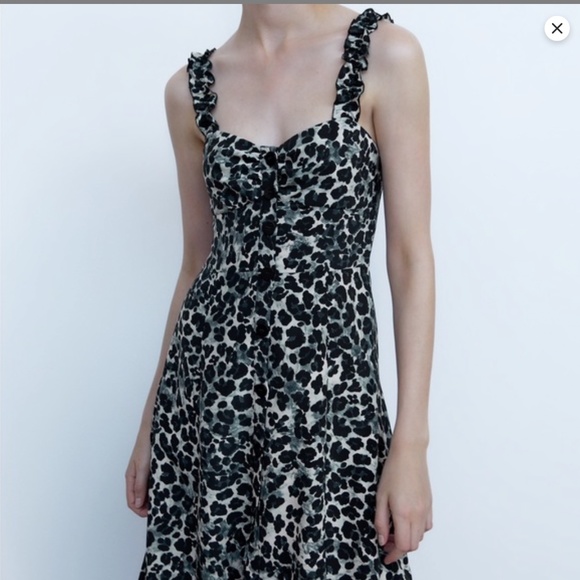 Zara Leopard  Midi Ruffle Sweetheart Dress Size Medium Summer Party Flirty Date - Picture 1 of 10